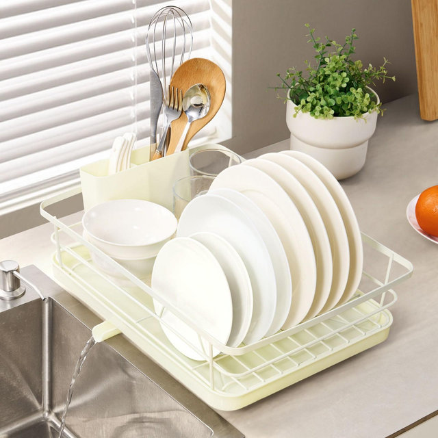 3-Piece Multi-Functional Dish Drying Rack with Drain Board & Utensil Holder - Ivory