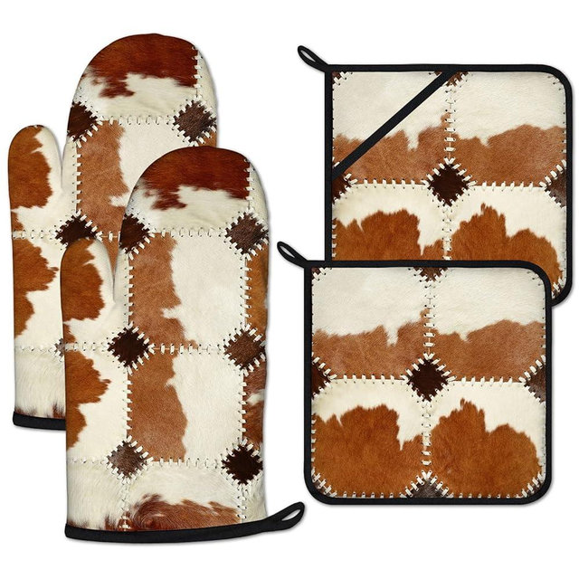 Brown White Cow Skin Patchwork Oven Mitts and Pot Holders Set 4 Pcs Extra Long Heat Resistant Gloves Potholder for Baking, BBQ, Grilling