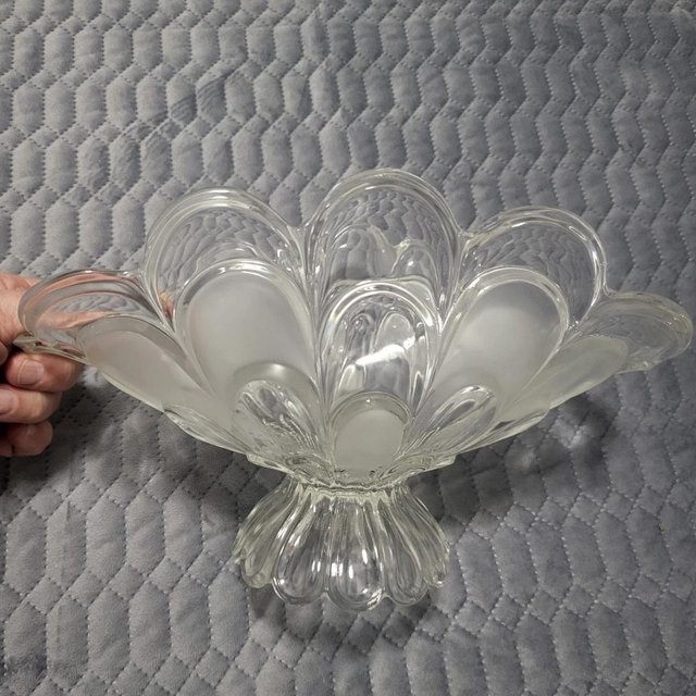 VINTAGE, 1950s Frosted/clear Crystal Folded Pedestal Bowl, rare, Bohemian!