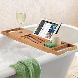 Bamboo Bathtub Caddy Tray with Extending Sides, Reading Rack, Tablet Holder, Cellphone Tray and Wine Glass Holder - Luxury Enjoyment In The Bath By: Bambüsi