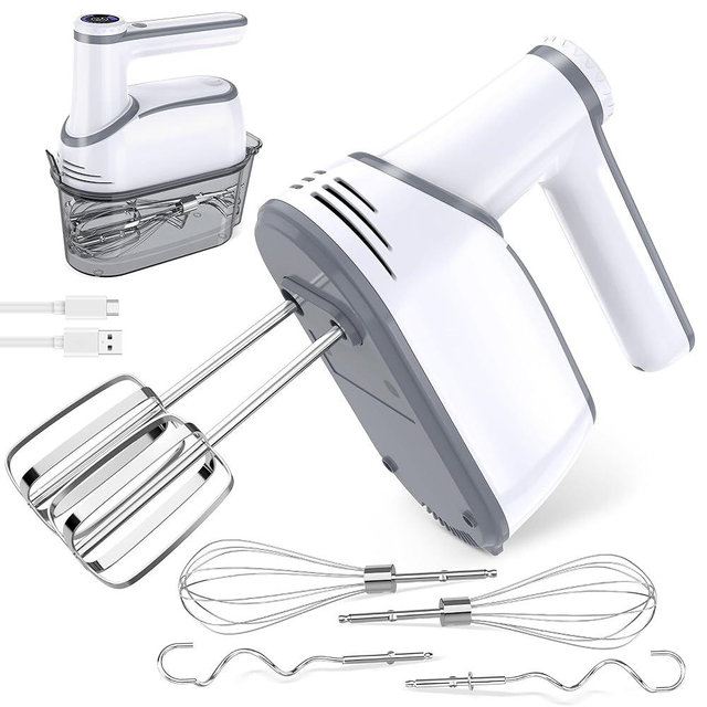 Cordless Hand Mixer, 12-Speed Rechargeable Electric Handheld Mixer with 6 x 304 Stainless Steel Attachments (2 Whisks, 2 Beaters, 2 Dough Hooks) & Storage Case, for Baking, Eggs, Cakes (White)