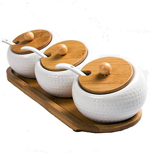 DecentGadget® Set of 3 White Ceramic Condiment Jar Spice Pots with Lids Spoons Bamboo Serving Tray Holder for Home and Kitchen Storage (Round)