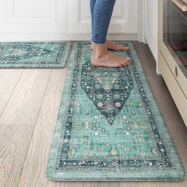 Collive Boho Kitchen Mats for Floor 2 Piece, Cushioned Anti Fatigue Kitchen Floor Mat Non-Skid Waterproof Under Sink Mat, Teal/Multi Comfort Standing Desk Mat for Office, 17"x30"+17"x47"