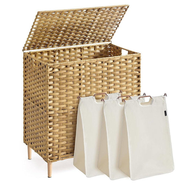 SONGMICS Laundry Hamper with Lid, PE Rattan Laundry Basket with Removable Liner, Storage Basket for Bedroom Living Room, 3-Section Sorter, 42.2 Gallons (160 L), Goose Yellow ULCB223YE01