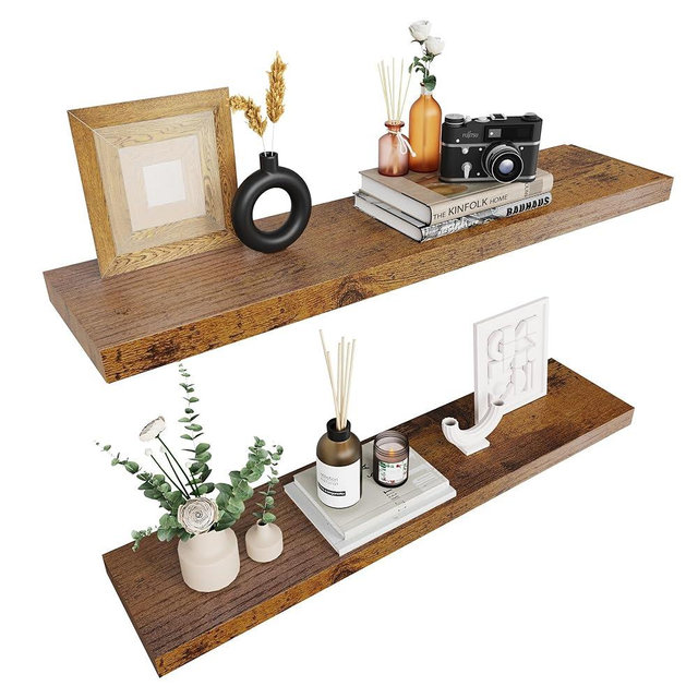 Colima Floating Shelves for Wall Brown Wood Wall Shelf for Bedroom, 36 Inch Wall Mounted Floating Shelves for Bathroom Living Room Kitchen Office, 1.3" Thick Floating Book Shelves for Wall, Set of 2