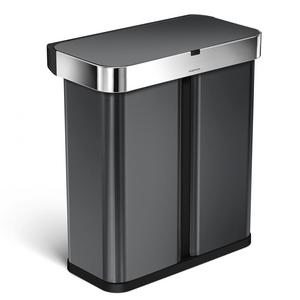 simplehuman 58L Dual Compartment Rectangular Sensor Trash Can with Voice and Motion Sensor, Touch-Free, Voice Activated, Black Stainless Steel, 58 Liters / 15.3 Gallons