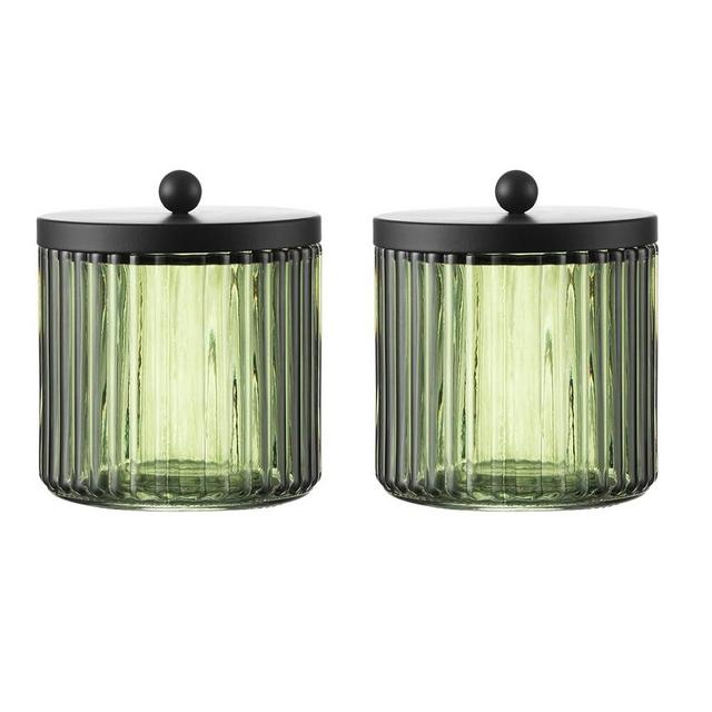 KMwares 2-Pack Glass Qtip Holder Dispenser Set for Cotton Ball, Swab, Round Pads, Floss Picks - Bathroom Canister Storage Organization and Vanity Makeup Organizer(Olive Green)