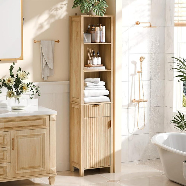 VINGLI Narrow Fluted Bathroom Floor Skinny Storage Cabinet with 1 Fluted Door&Drawer,68" Tall Narrow12 Inch Deep Slim Bathroom Storage Cabinet for Small Space w/3 Adjustable Shelves,Natural Oak Color