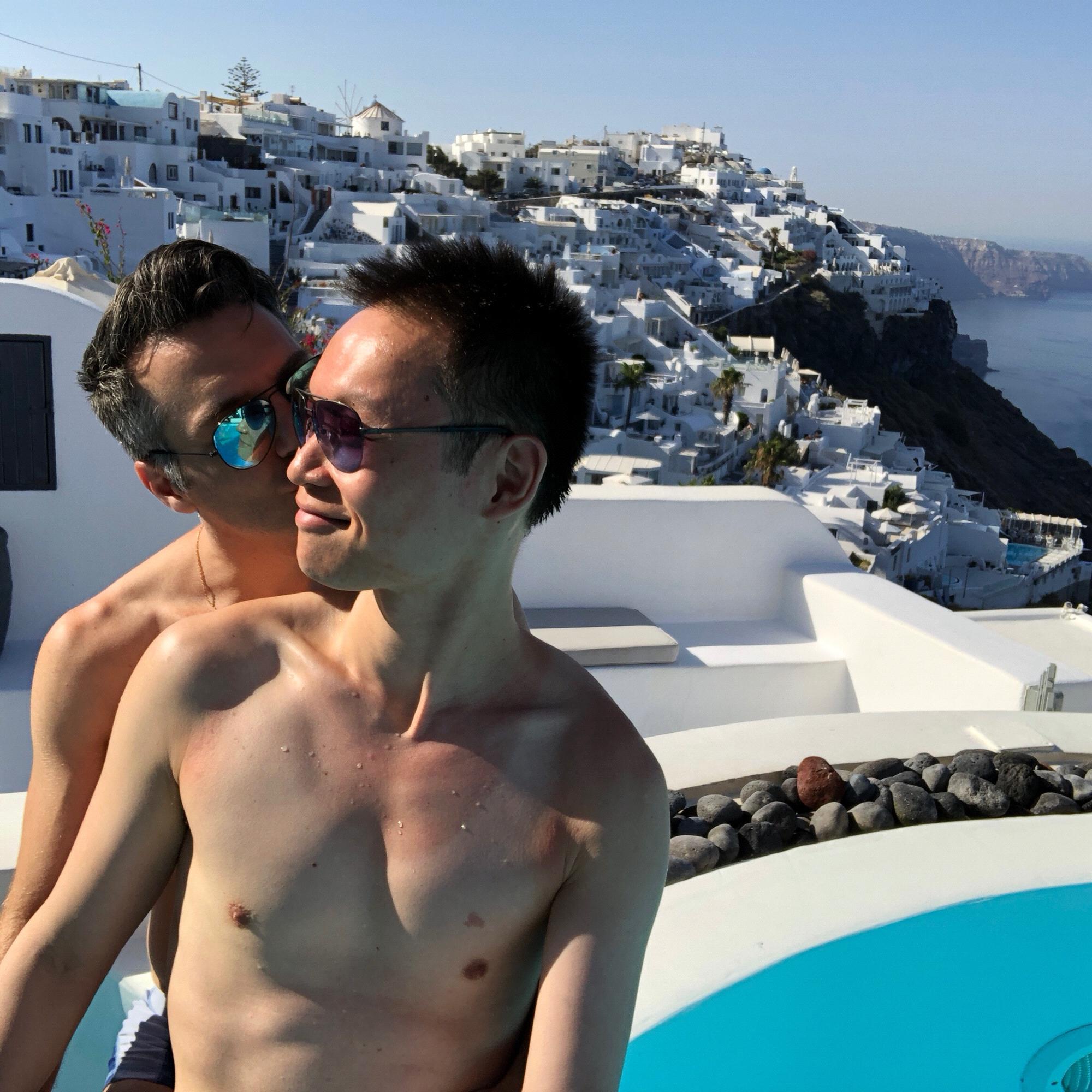 Our first time at a cliffside villa and then at a Jewish Greek gay wedding! Greece. July 2018.