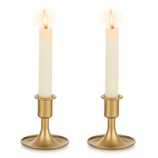 Gold Taper Candle Holder Set of 2, Hewory Short Skinny Brass Candlestick Holders, Vintage Small Low Metal Candles Sticks for Wedding Centerpieces Christmas Birthday Party Holiday Dinning Table Decor
