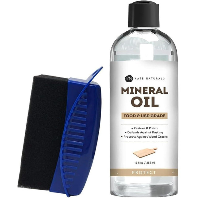 Kate Naturals Mineral Oil for Cutting Board 12oz with Wax Applicator. Food Grade & Food Safe Mineral Oil to Protect Wood on Cutting Boards, Butcher Block & Bamboo Boards