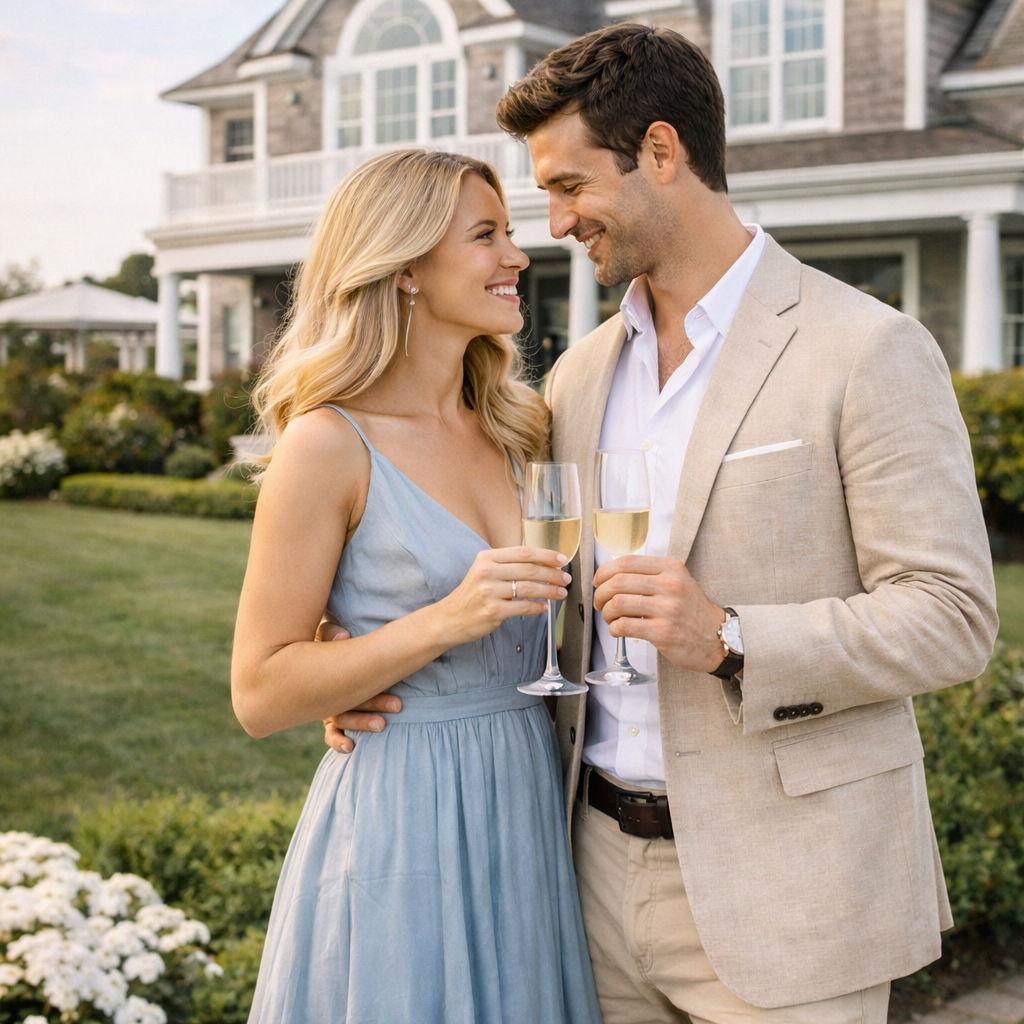 Thomas and Victoria celebrating their engagement at Maidstone Club, one of Thomas's favorite spots in New York