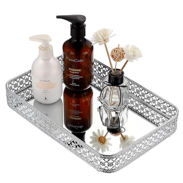 ELLDOO Perfume Tray Mirror Tray Vanity Makeup Hollow-Carved Jewelry Tray Glass Metal Trinket Storage Tray Home Decor Organizer Tray for for Dresser Bathroom Countertop,Silver,Medium Size