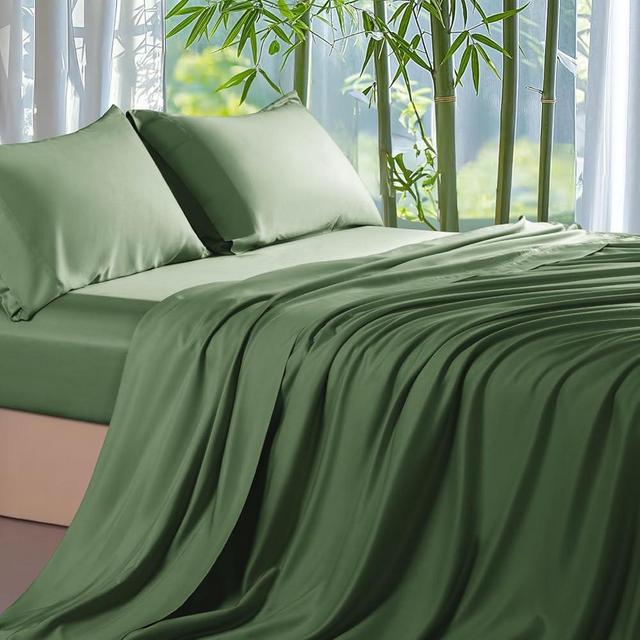 Shilucheng 100% Viscose Derived from Bamboo_ Sheets Queen Size 4pcs - Ultra Cooling & Silky Soft Bed Sheets, 16" Deep Pocket, Perfect for Hot Sleepers, Hotel Bedding Sheets (Olive)