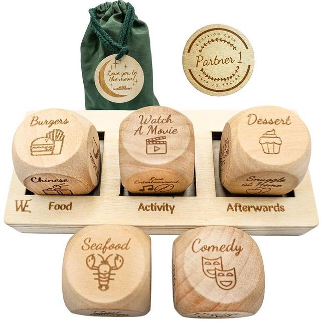 Deluxe Date Night Dice Game - Fun Romantic Couples Gift - 5 Engraved Dice, Decision Coin, Board, & Carry Bag for Anniversaries, Birthdays, Weddings - Food Decision Dice for Girlfriend Wife Husband BFF