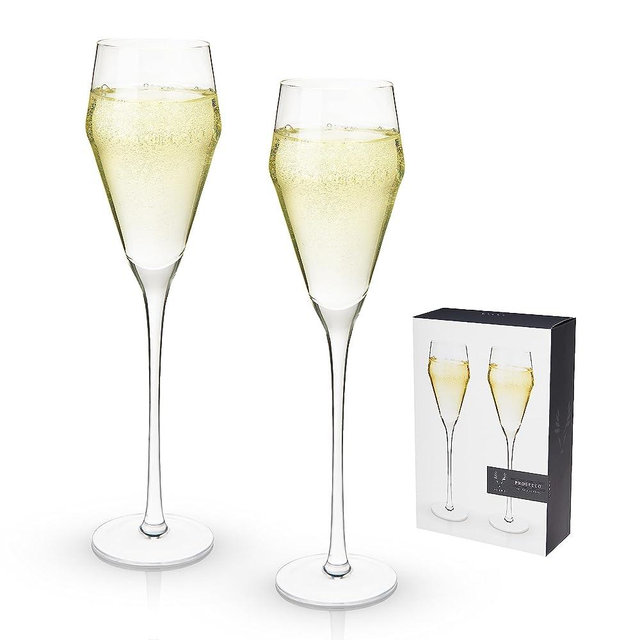 Viski Raye Angled Crystal Prosecco Glasses Set of 2, No-Lead Premium Crystal Clear Glass, Modern Stemmed, Prosecco Glass Gift Set, 8oz