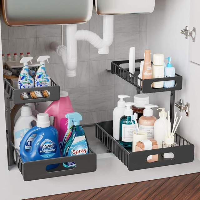 HBL' Large 2-Pack Metal Under Sink Organizer, 2-Tier Slide-Out Under the Kitchen Sink Organizer and Storage,Height Adjustable Under Sink Storage Shelves for Bathroom.