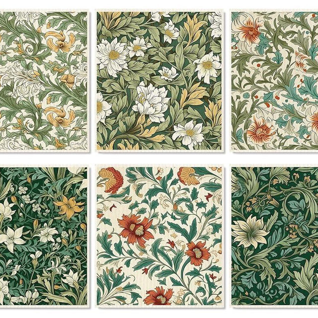 FYSUIMU 6Pcs William Morris Swedish Dishcloths Vintage Floral Kitchen Towels Elegant Flower Reusable Cotton Absorbent Dish Towels for Housewarming Cleaning, 7 x 8 Inch