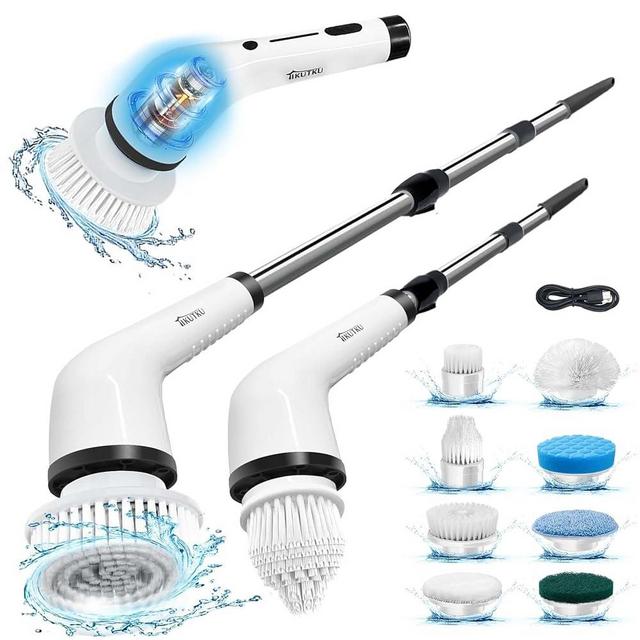 TIKUTKU Electric Spin Scrubber, Cordless Cleaning Brush for Bathroom, Rechargeable Shower Scrub Brush, with 2 Adjustable Speeds, Retractable Long Handle, 8 Replaceable Brush Heads, Power Spin Scrubber