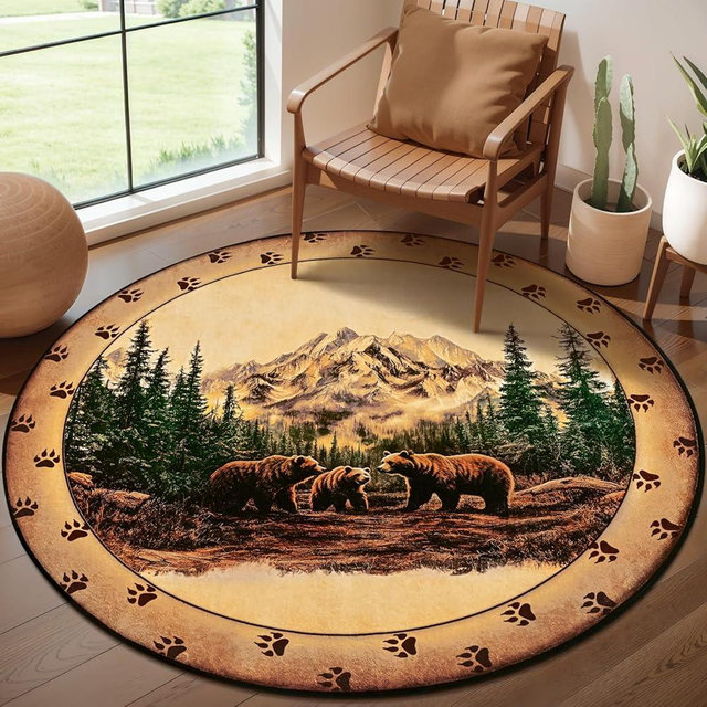 FRAMICS Rustic Cabin Round Rug 4FT Washable Round Area Rug for Living Room, Soft Faux Wool Bear Bedroom Rugs Non Slip, Farmhouse Floor Carpet Low Profile Circle Rug for Dining Room Country Home Decor