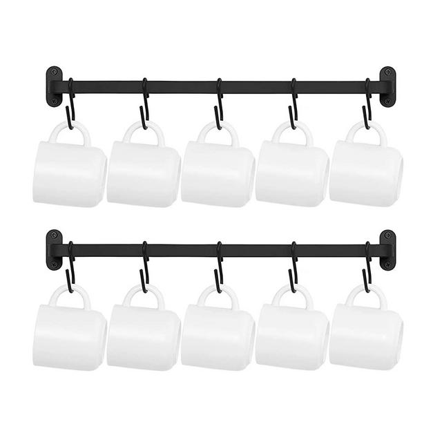 Dahey Mug Holder Wall Mount, Metal Coffee Mug Rack Hanger with 10 Mug Hooks, Mug Display Rack Rustic Utensil Cups Storage Organizer for Kitchen Dining Room Coffee Bar, Set of 2, Black