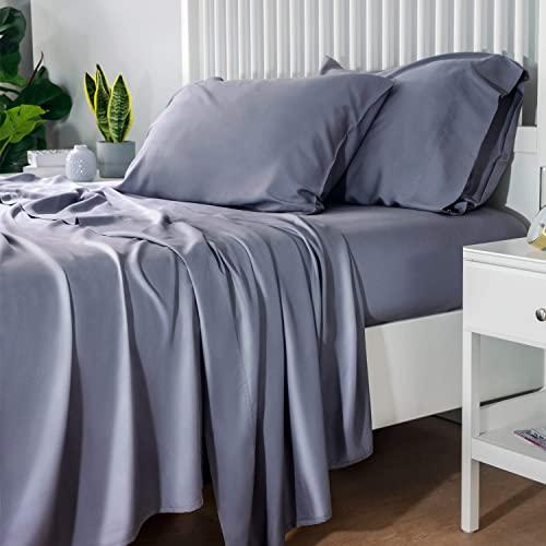 Bedsure 100% Bamboo Sheets Queen Size Cooling Sheets Deep Pocket Bed Sheets-Super Soft Hypoallergenic,Breathable - 4 Pieces 1 Fitted Sheet with 14 Inches, 1 Flat Sheet, 2 Pillowcases-Grey
