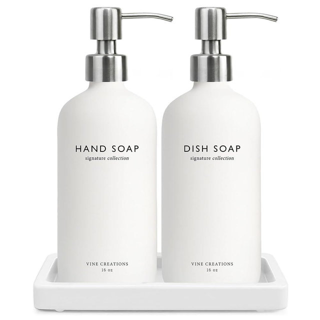 Vine Creations Glass Soap Dispenser Set, Kitchen Soap Dispenser Set with Ceramic Tray, 16 oz Dish Soap and Hand Soap Dispensers with Stainless Steel Pump Decor (White Bottle/Silver)