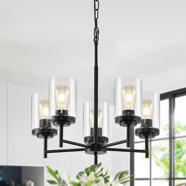 YUEMZS 5-Light Farmhouse Glass Chandelier, Modern Black Chandelier for Living Room Light Fixture, Industrial Chandelier for Kitchen, Dining Room, Foyer, Entryway