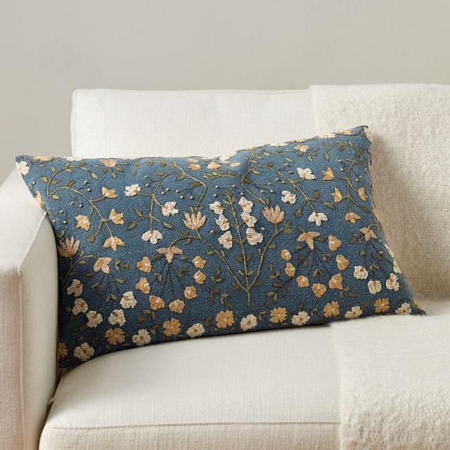 Zea Embroidered Lumbar Throw Pillow Cover, 16" x 26", Blue Multi