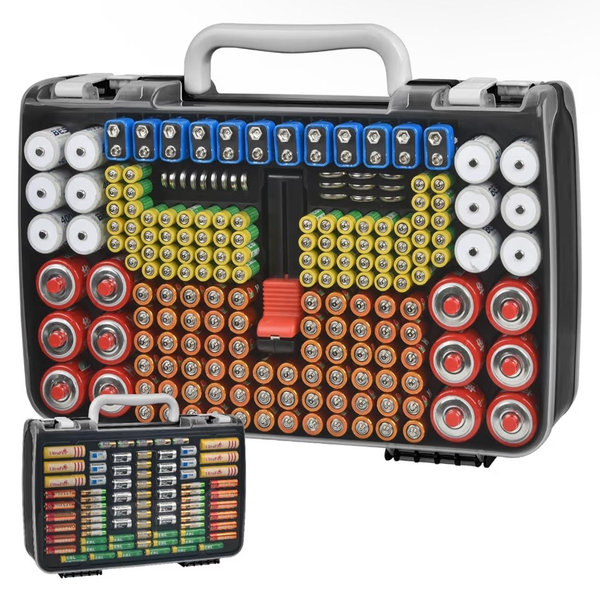 Battery Organizer Storage Holder Case with Double-Sided, Garage Box with Tester Checker. Batteries Container for 269pcs AA AAA AAAA 3A 4A 9V C D Lithium 4LR44 CR2 CR123A CR1632 CR2032 18650 - Black