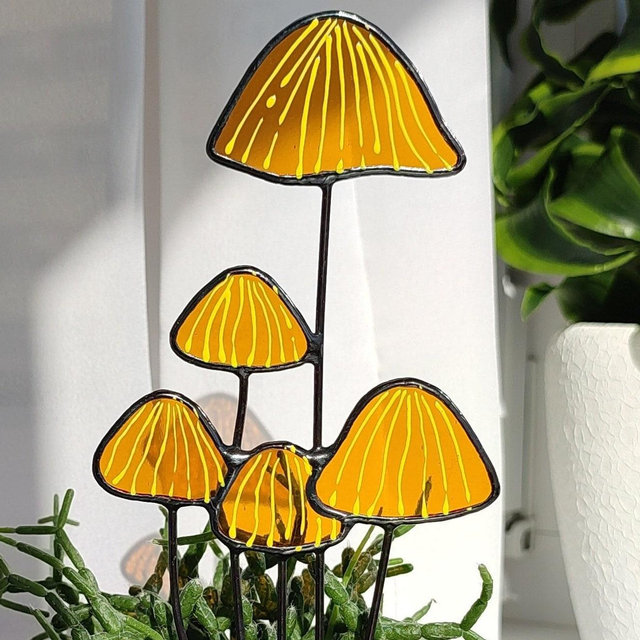 Brown Mushrooms Stained Glass Plant Stake. Beautiful Handmade Decoration for Plant Lovers. Perfect Housewarming Gift!
