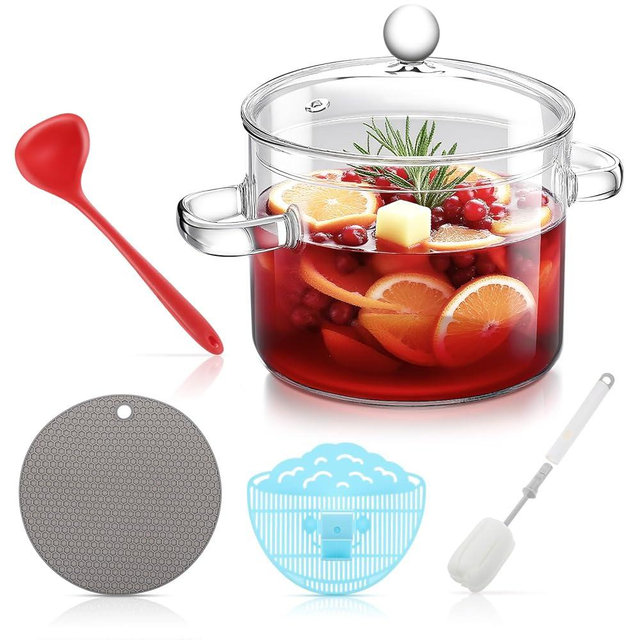 Jingmore Glass Simmer Pot Cooking Set for Stove, 64 oz Potpourri Cooking Saucepan with Cover Strainer Silicone Hot Pad Sponge Bottle Brush Silicone Ladle Housewarming Gift for Pasta, Soup, Milk