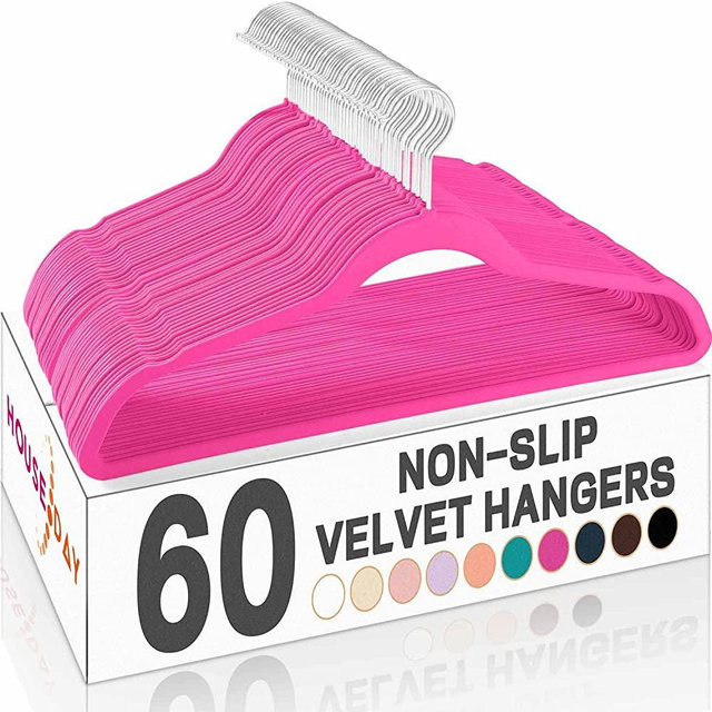 HOUSE DAY Hot Pink Velvet Hangers 60 Pack, Premium Clothes Hangers Non-Slip Felt Hangers, Sturdy Hot Pink Hangers Heavy Duty Coat Hangers, Durable Suit Hangers, Space Saving No Hanger Mark 360 Rotate