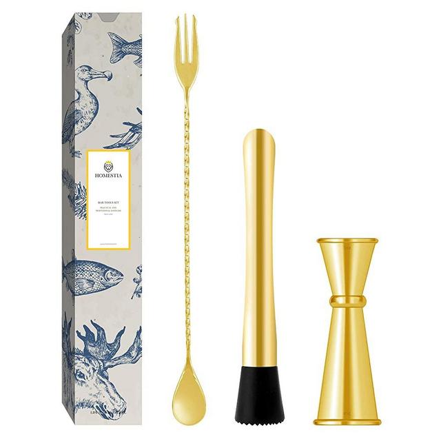 Homestia Cocktail Muddler and Mixing Spoon with Double Jigger 304 Stainless Steel Bar Tool Set of 3 Mojito Muddler Tool Set(Gold)