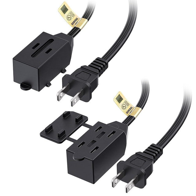 [UL Listed] Cable Matters 2-Pack 16 AWG 2 Prong Short Extension Cord 3 ft, 13A 3-Outlet Extension Cords with Tamper Guard, 13 Amp, 1625 Watts, Black