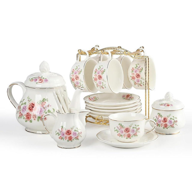 Sweejar 23 Pcs Floral Tea Sets with Metal Holder, Relief Gold Rim Porcelain Tea Sets for Adults, Cup and Saucer Set for 6, with Teapot, Sugar Bowl, Milk Jug, Spoons (Rose Flower)