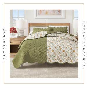 Reversible Printed Floral Scalloped Cotton Quilt and Sham Set
