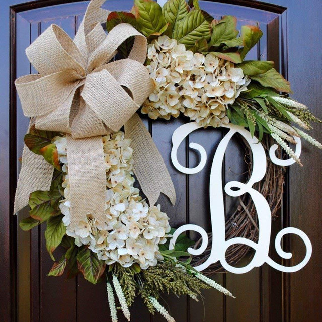 Hydrangea Monogram Initial Front Door Wreath with Choice of Bow and Cream Hydrangeas on Grapevine Base-Handmade in the USA, Front Door Wreath