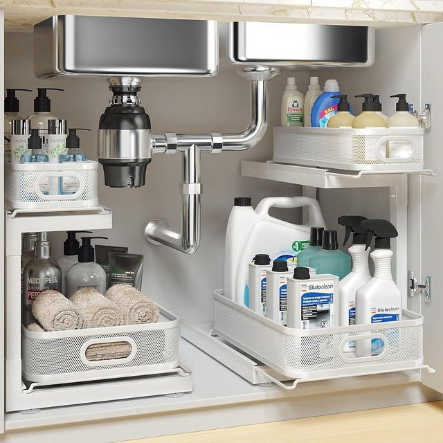 2-Pack Under Sink Storage Organizer with 2-Tier Slide Out Drawer, Sophisticated Mesh Pull Out Shelf for Kitchen & Bathroom, Fits Small Items, Upgraded Arched Track for Smooth Gliding,Patent Pending