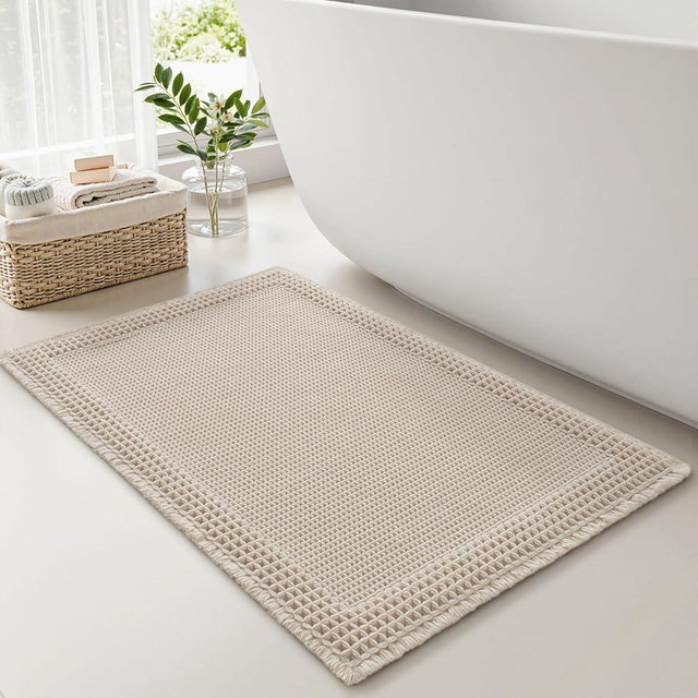 RESARE Waffle Bath Mat, Super Absorbent Non Slip, Machine Washable, Ultra Soft Boho Bath Rugs with Tassels, Upgraded Bordered Design, 17"x24" Pale Beige