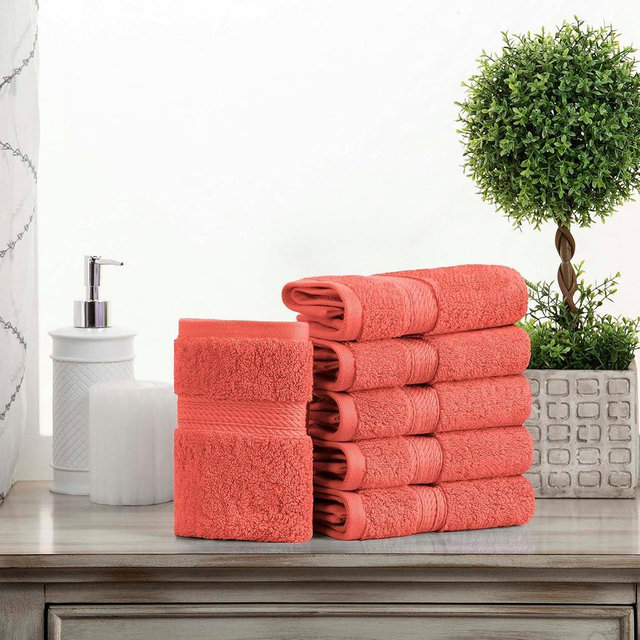 SUPERIOR Egyptian Cotton Pile Face Towel/Washcloth Set of 6, Ultra Soft Luxury Towels, Thick Plush Essentials, Absorbent Heavyweight, Guest Bath, Hotel, Spa, Home Bathroom, Shower Basics, Coral