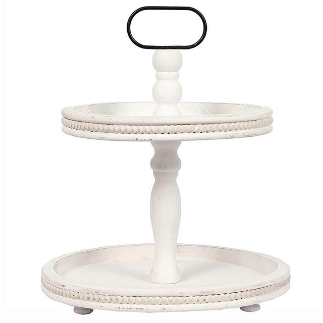 Carah&Cossh Distressed White Wood Two-Tier Tray with Metal Handle, Two Tier Stand with Beads，Farmhouse 2 Tier Serving Tray for Coffee Bar, Kitchen Counter, Dining Room Table(White)