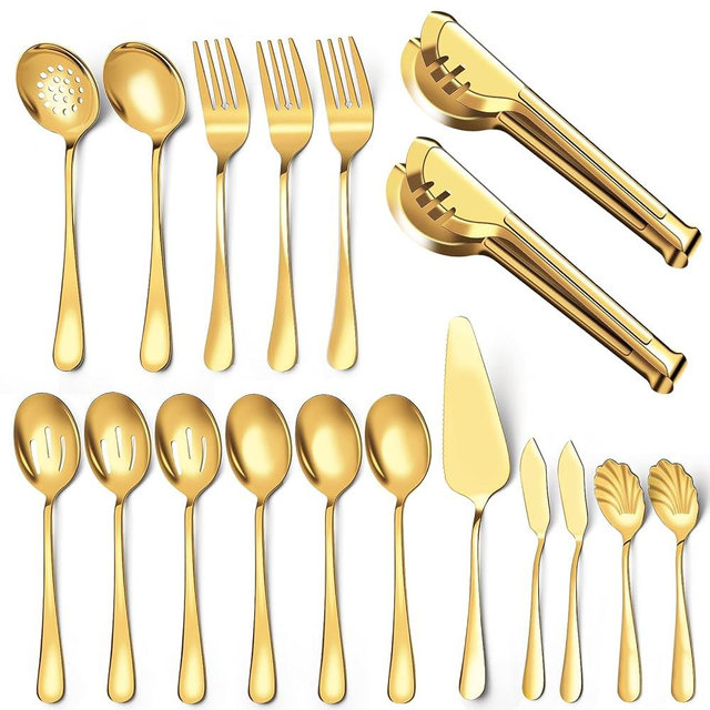 Serving Utensils Set for Buffet, 18 Pack Stainless Steel Serveware, Large Spoons, Slotted Spoon, Forks, Tongs, Butter Knife, Shell Spoons, Soup Ladle, Pie Server, for Party Festival Family, Gold
