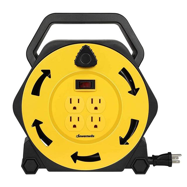 DEWENWILS Extension Cord Reel with 25 FT Power Cord, Hand Wind Retractable, 16/3 AWG SJTW, 4 Grounded Outlets, 13 Amp Circuit Breaker, Yellow/Black, UL Listed