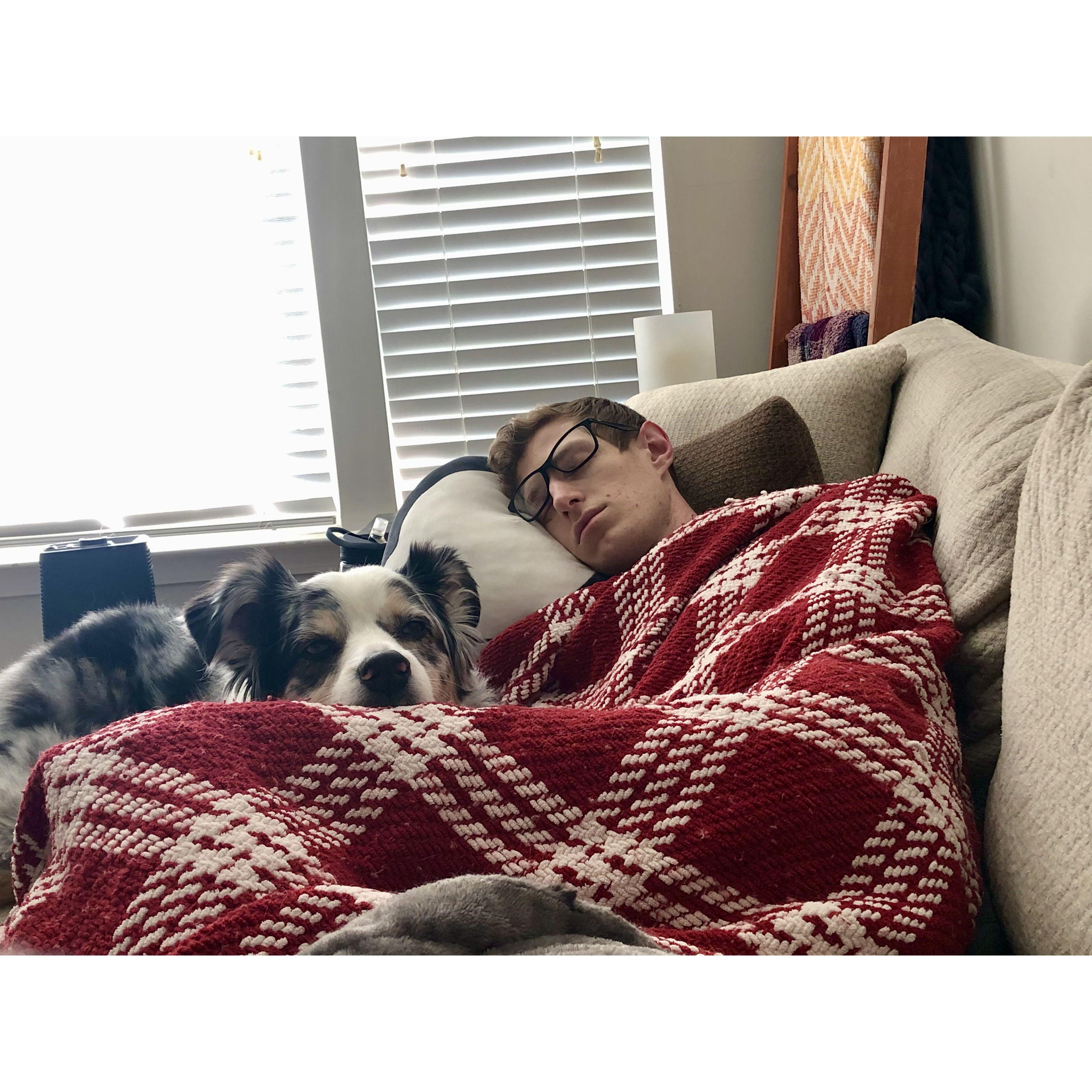 A little nap! Carter and Alex were tired pups after a hike! 2021.