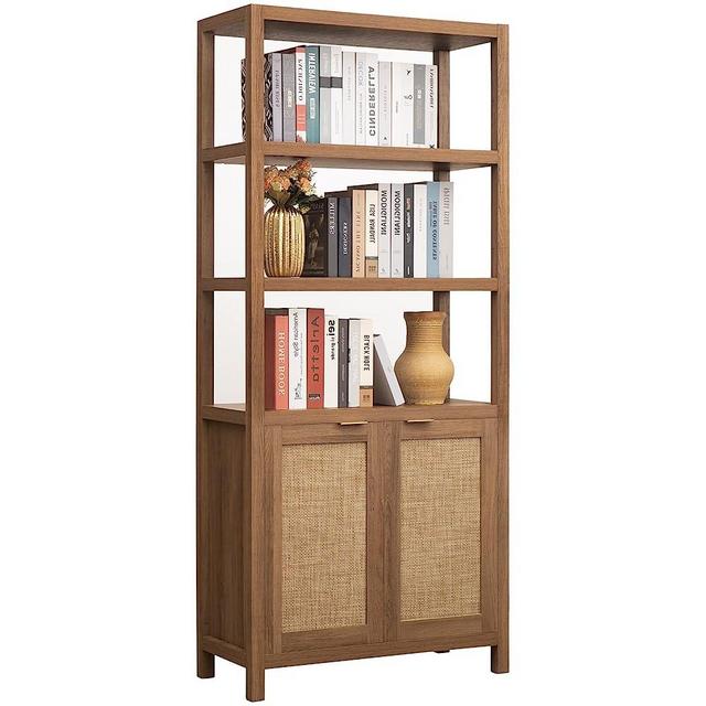 SICOTAS Bookshelf 5 Tier Book Shelf Rattan Boho Tall Bookcase with Doors Storage Wood Shelves Large Bookshelves Farmhouse Bookcases Library Book Case for Living Room Bedroom Home Office Kitchen