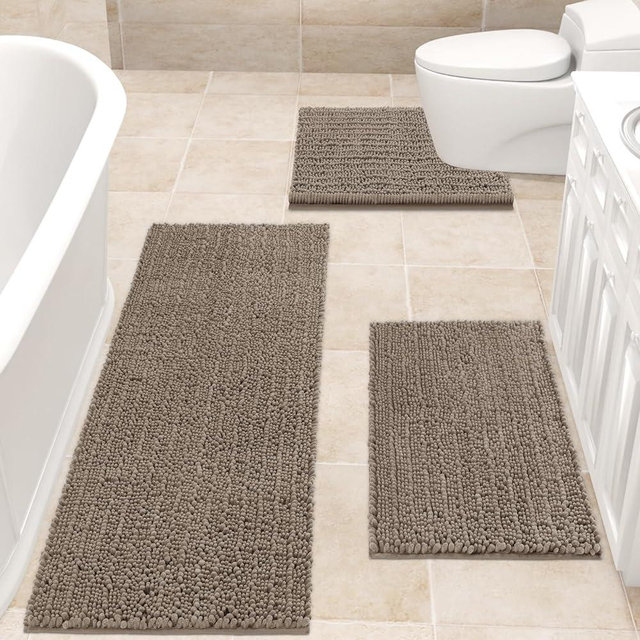ACCUMTEK Upgrade Extra Large Dark Beige Bathroom Rug Set 3 Pieces Gray Ultra Soft, Thick Absorbent Bath Mats, Non Slip Chenille Toilet Mat Bathroom, Bedroom, Kitchen, Taupe
