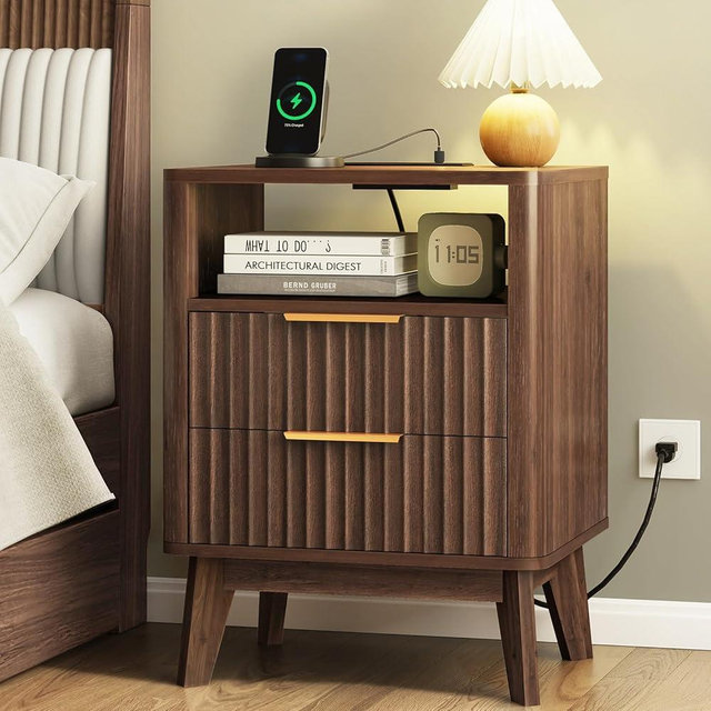 Fixwal Fluted Nightstand with Charging Station, Large Side Table with 2 Drawers for Bedroom, Mid Century Modern Bedside Table, Natural Walnut, 17.7 x 13.7 x 23.6in