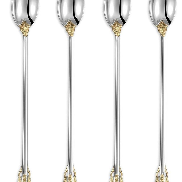 KEAWELL Luxurious 9 Inch Long Iced Tea Spoon Set - 4 Pieces - Gorgeous Design with Exceptional Mirror Polished Finish - 18/10 Stainless Steel- Perfect for Tall Glasses, Cocktails (Gold Accent)