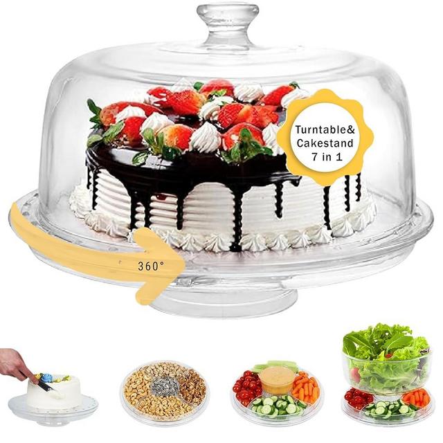 7 in 1 Multifunctional Acrylic Cake Stand with Lid & Cake Turntable for Decorating (12") - Turntable Decorating Kit Serving Salad Bowl/Veggie Platter/Punch Bowl/Desert Platter/Chips & Dip - BPA Free